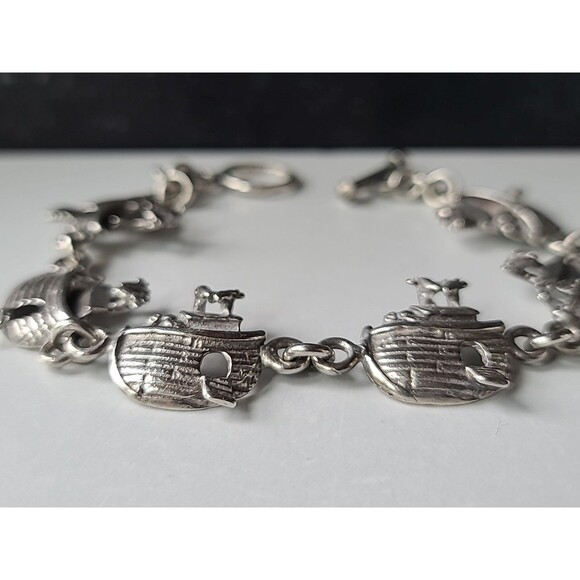 925 Sterling Silver Noah's Ark Toggle Closure Bracelet Vintage - Picture 5 of 10
